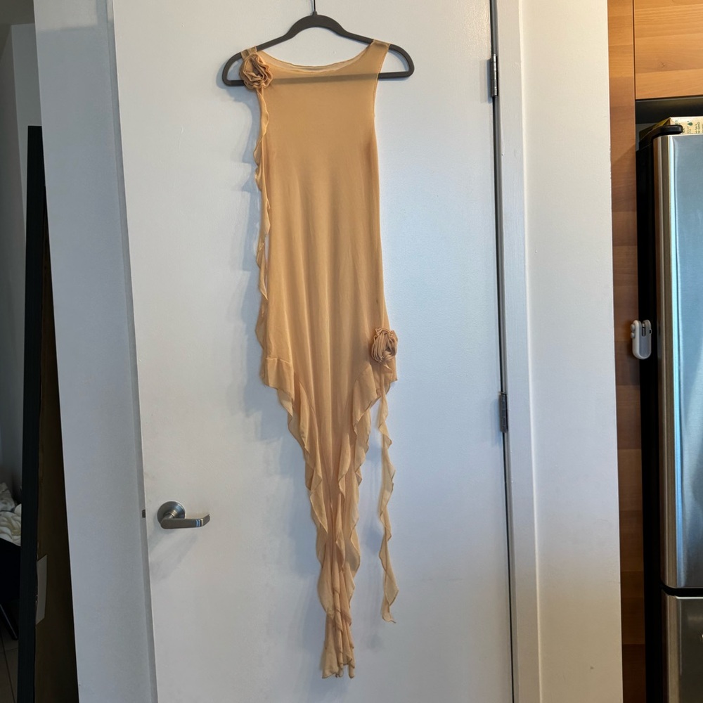 Isabelle LaRue Asymmetrical Tan Mesh Dress with Floral Detail - Small